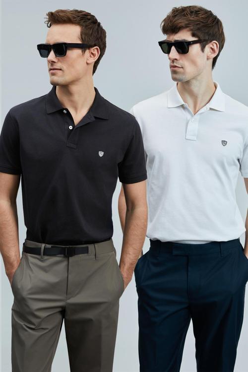 Logolu Pamuklu Comfort Fit Düğmeli Polo Yaka 2'li Erkek T Shirt 111040206S2 SİYAH-BEYAZ