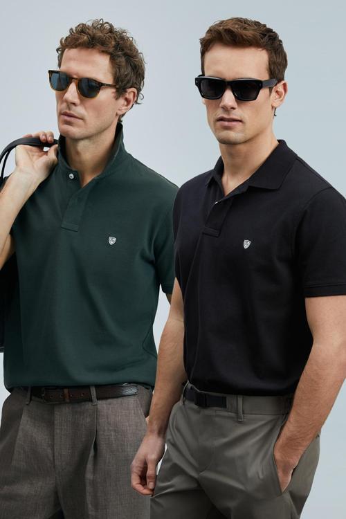 Logolu Pamuklu Comfort Fit Düğmeli Polo Yaka 2'li Erkek T Shirt 111040206S2 SİYAH-HAKİ