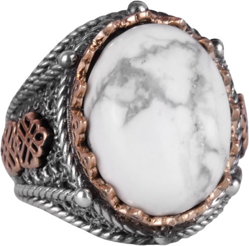 Gerçek Doğal Howlite Taş Yüzük, 925 Ayar Katı Gümüş Erkek Yüzüğü