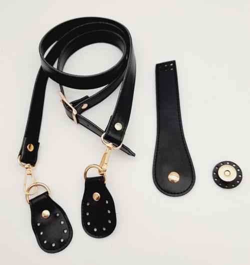 Suni Deri Siyah 140x2 Ayarlı Saplı Çanta Seti Light Gold Metalli
