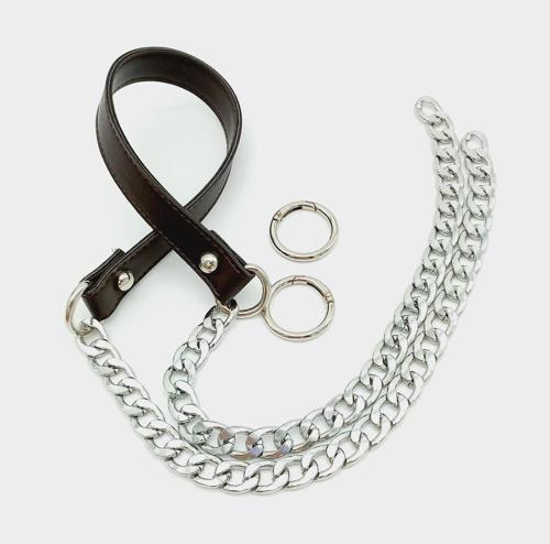 Suni Deri Dikişli Gümüş Zincirli Kahverengi Çanta Sapı