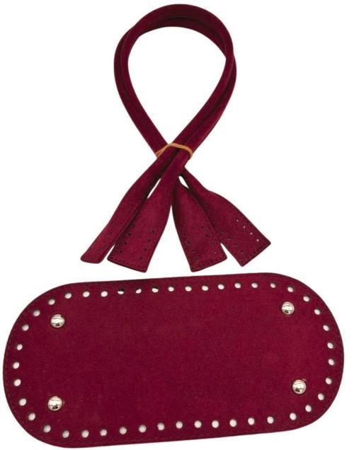 25x12 Cm Suni Deri Nubuk Bordo  Renk Taban Ve Pelikan Model Çanta Sapı Seti Gümüş Metalli