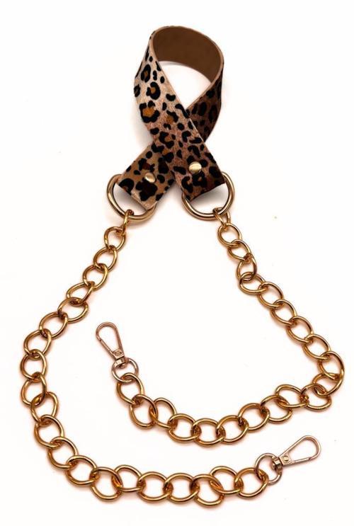 Suni Deri Light Gold Zincirli Leopar Renk Çanta Sapı