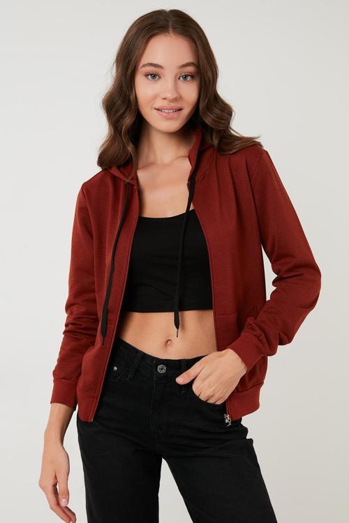 Ekstra Slim Fit Kapüşonlu Fermuarlı Cepli Örme Bayan Sweat 5413001 KİREMİT