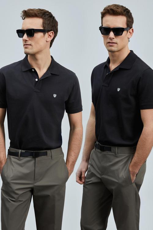Logolu Pamuklu Comfort Fit Düğmeli Polo Yaka 2'li Erkek T Shirt 111040206S2 SİYAH-SİYAH