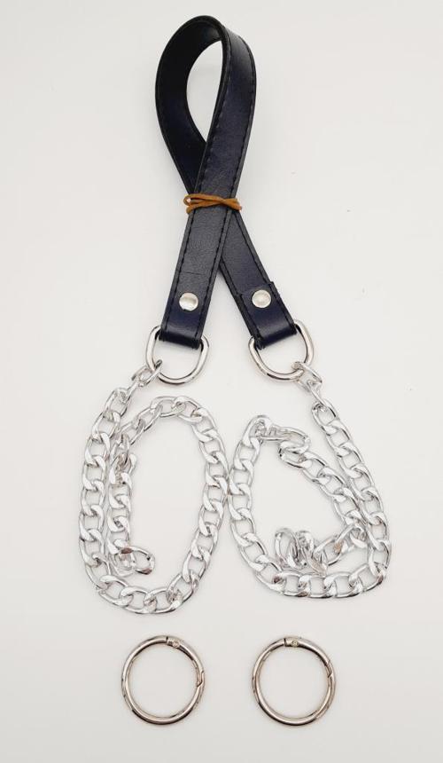 Suni Deri Dikişli Gümüş Zincirli Lacivert Renk Çanta Sapı