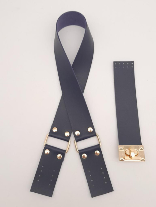 70x4 cm Suni Deri Çanta Saplı Kapaklı Lacivert Çanta Seti Light Gold Metalli
