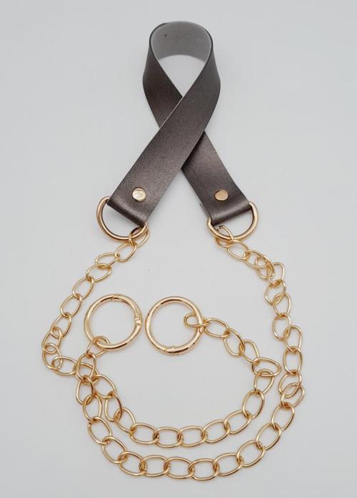 Tek Kat Suni Deri Parlak Gri Renk İnce Zincirli Sap Light Gold Metal