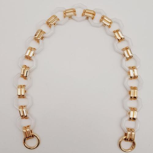 48 cm Sekizgen Akrilik Çanta Sapı Zinciri Beyaz Renk Light Gold Metal