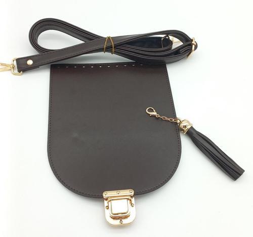 Kahverengi Suni Deri 125X2 Cm Sürgütlü Çanta Saplı Püsküllü Çanta Seti Light Gold Metal