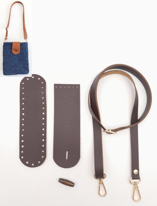 Suni Deri Ahşap Düğmeli Mini Bag Cep Telefonu Seti Kahverengi Light Gold Metalli