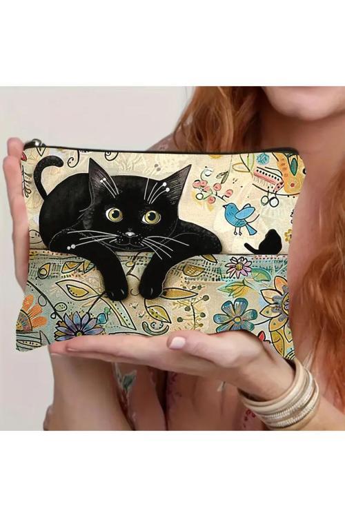 Şık Kedi Desenli Tuval Makyaj Çantası - Kozmetik & Kırtasiye İçin Çok Yönlü Saklama Çantası