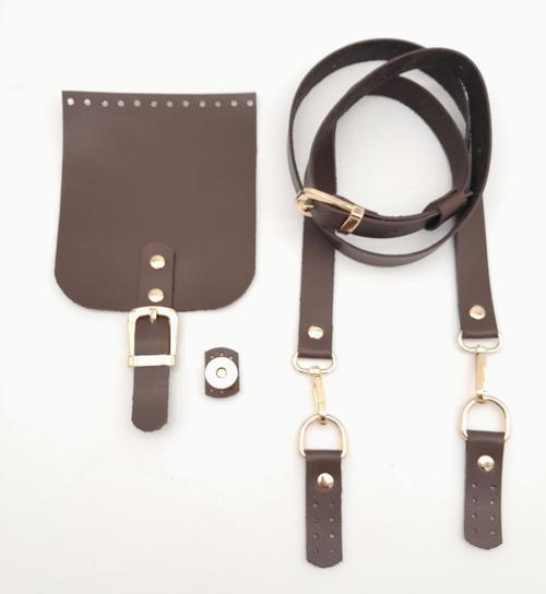 Kahverengi Tek Kat Suni Deri 130x2 cm Ayarlı Saplı Çanta Seti Light Gold Metalli