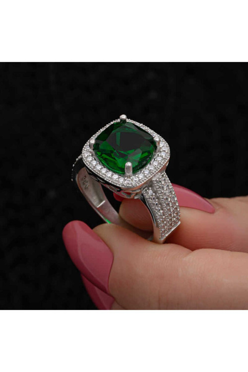 Gümüş Yeşil Baget Kare Kadın Yüzük