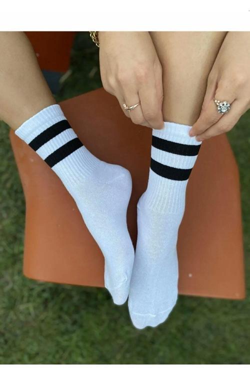 Çizgi Detaylı Beyaz Unisex Kolej Çorap 4 Lü Ekonomik Paket