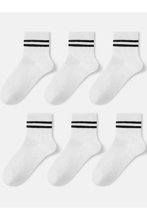 6 Çift Unisex Çizgili Tenis Çorap - Kolej Tarzı, Beyaz, 36-44 Beden, Pamuklu Ve Rahat
