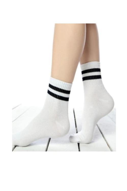 Unisex Çizgili Beyaz Çorap -Ml01