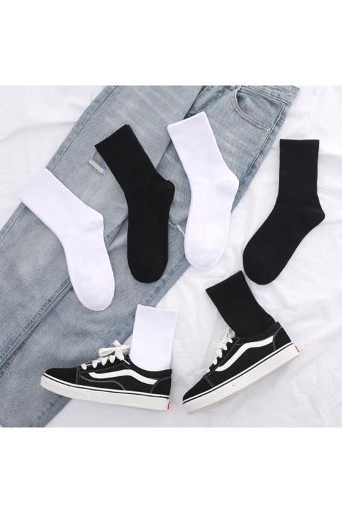 4 Çift Unisex Düz Renk Siyah Beyaz Kolej Çorap