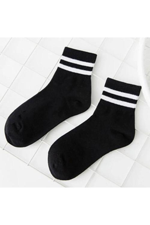 3 Çift Unisex Siyah Üstü Beyaz Çizgili Kolej Çorap