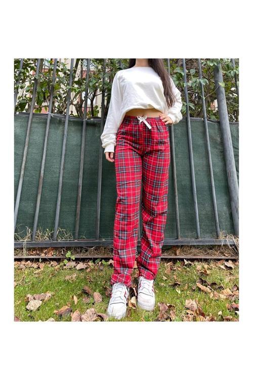 Kurdeleli Ekose Kadın Pijama Altı