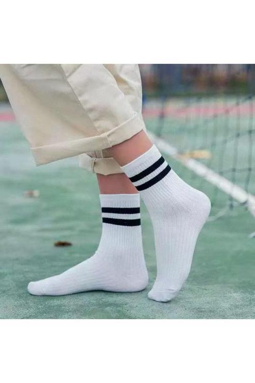 3'Lü Kadın Siyah Çizgili Beyaz Pamuklu Tenis Kolej Çorap