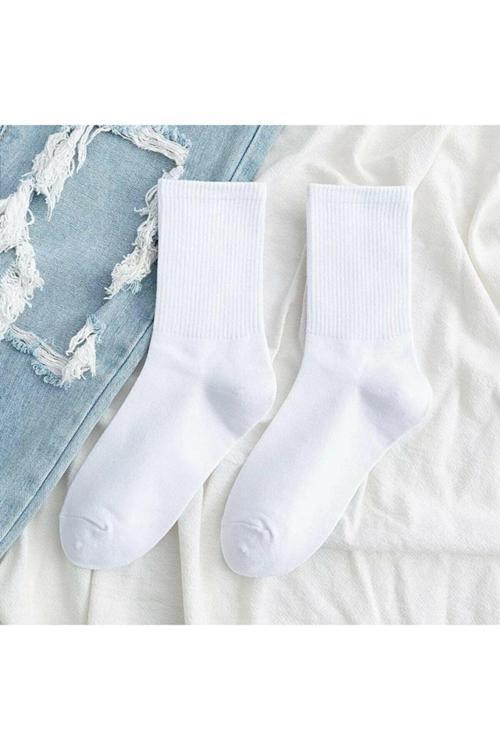 12Li Erkek Düz Beyaz Spor Kolej Çorap