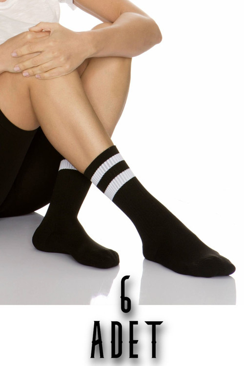 6 Çift Unisex Havlu Siyah Çizgili Tenis Soket Çorap -Sr0001