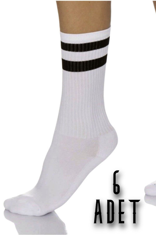 6 Çift Unisex Havlu Beyaz Çizgili Tenis Soket Çorap