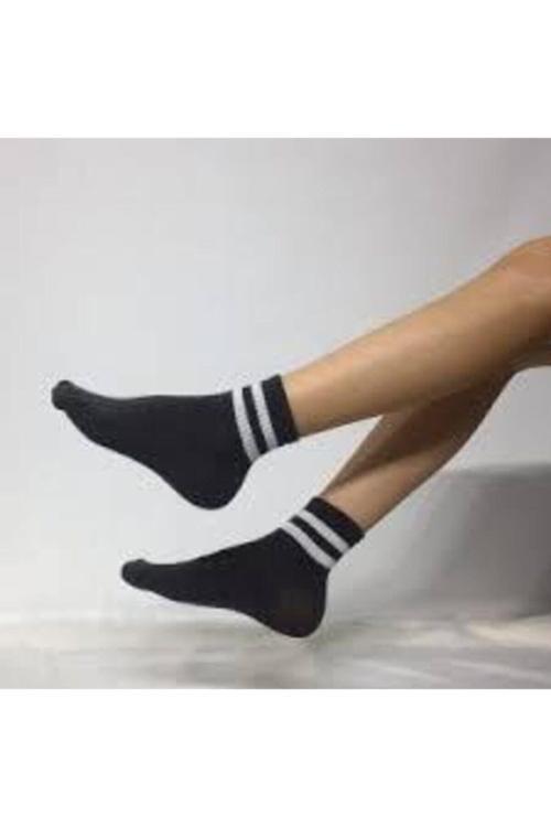 Unisex Siyah Beyaz Şeritli Kolej Çorap