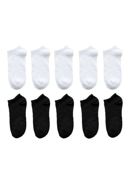 Unisex 10 Çift Koton Ekonomik Siyah + Beyaz Renk Patik