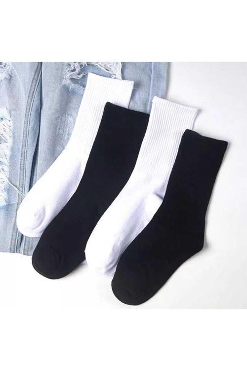 4Lü Unisex Çizgisiz Siyah Beyaz Pamuklu Tenis Kolej Çorap