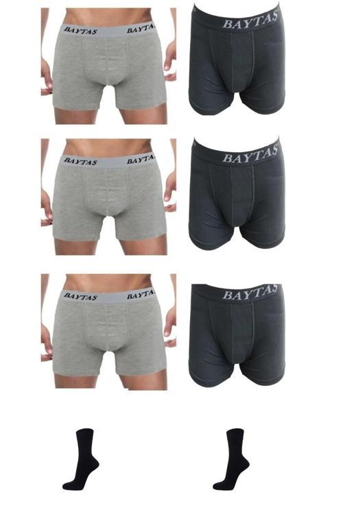 Baytaş Erkek Likralı Boxer 6'Lı Paket Karışık Renk 2 Adet Çorap