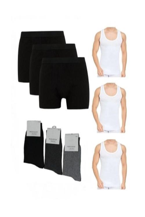 3 Atlet 3 Boxer 3 Çift Çorap Hediye Toplam 9 Parça İç Çamaşır