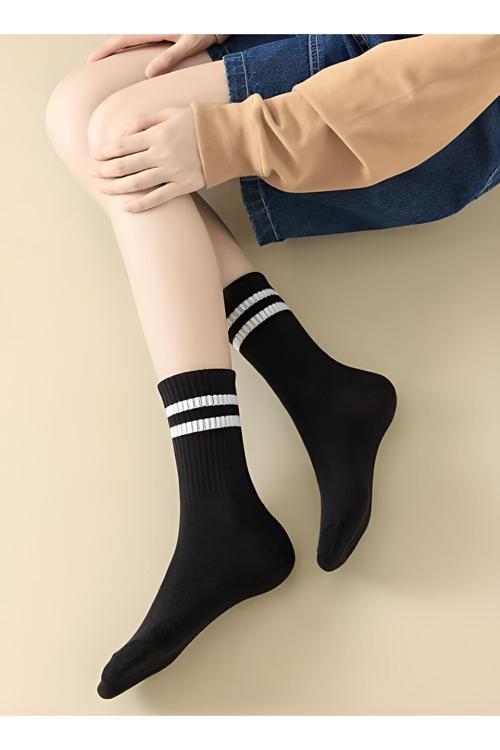 Unisex Siyah Çizgili Kolej Çorap 6'Lı (Pamuk)