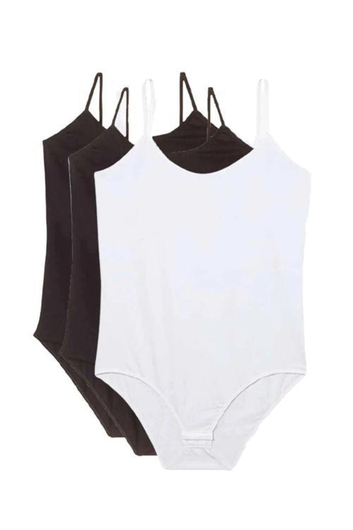3 Adet Ip Askılı Kadın Çıtçıtlı Body Zıbın Siyah Beyaz Gri Beyaz - Siyah