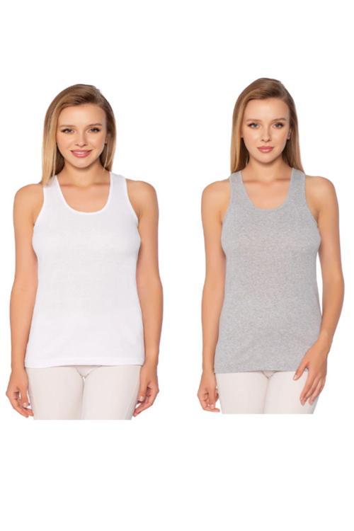 Kadın Ribana Geniş Askılı Düz Biye Atlet 6'Lı Paket Beyaz-Gri