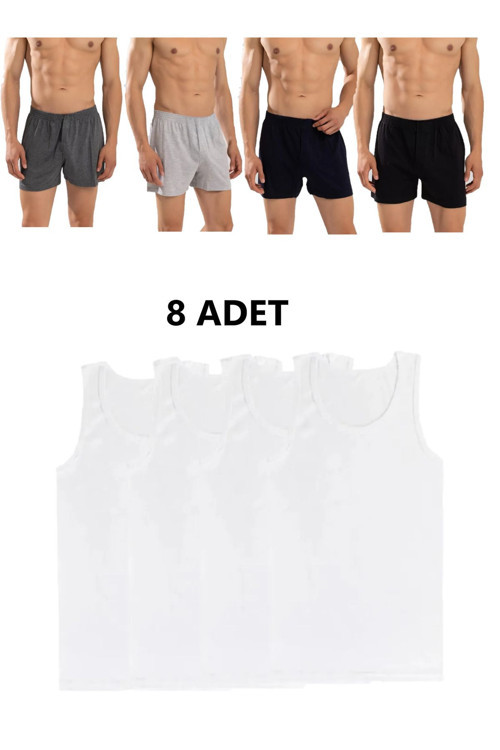 8'Li Erkek Penye Havlu Bel Boxer Ve Atlet (4 Atlet 4 Boxer)