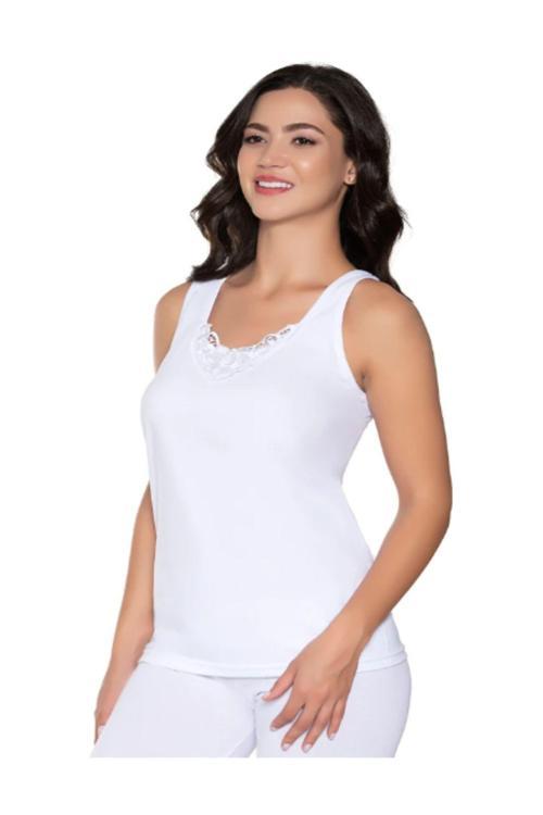 Kadın Penye Geniş Askı Güpürlü Atlet 6'Lı Paket Beyaz