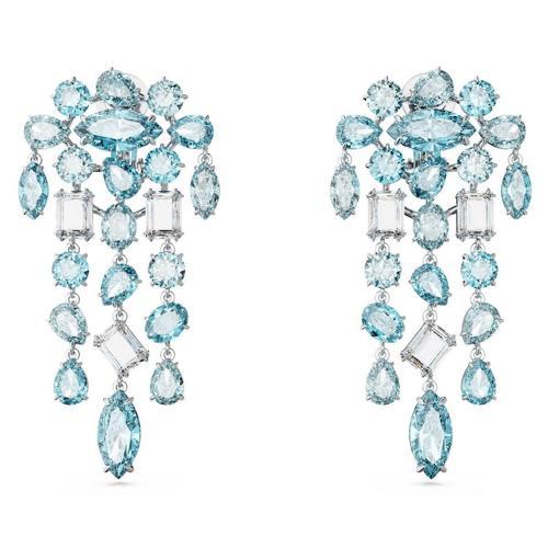5666015 Swarovski Küpe Gema clip earrings, Mixed cuts, Chandelier, Extra long, Blue, Rhodium plated