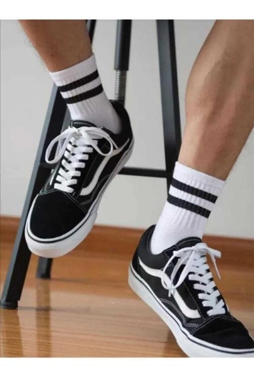 4 Çift Ekonomik Paket Erkek Kadın Unisex Çorap Soket Uzun Tenis Corap Çizgili Kolej Çoraplar