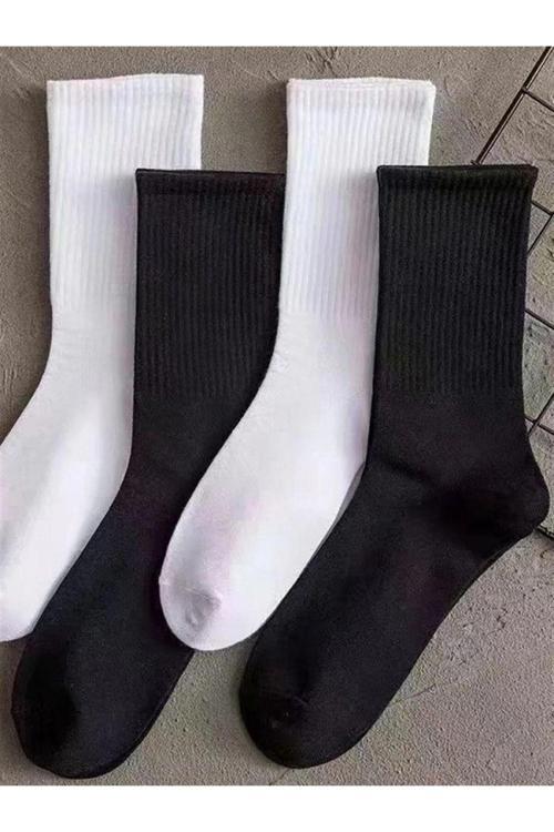 4 Çift Ekonomik Paket Erkek Kadın Unisex Soket Uzun Tenis Corap Siyah Beyaz Düz Kolej Çoraplar