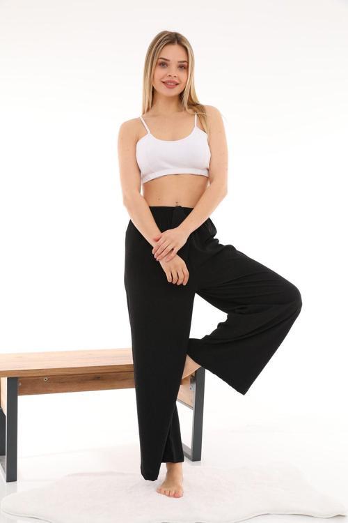 Kadın Gofre Kumaş Beli Lastikli Bol Paça Pantolon Oversize Siyah