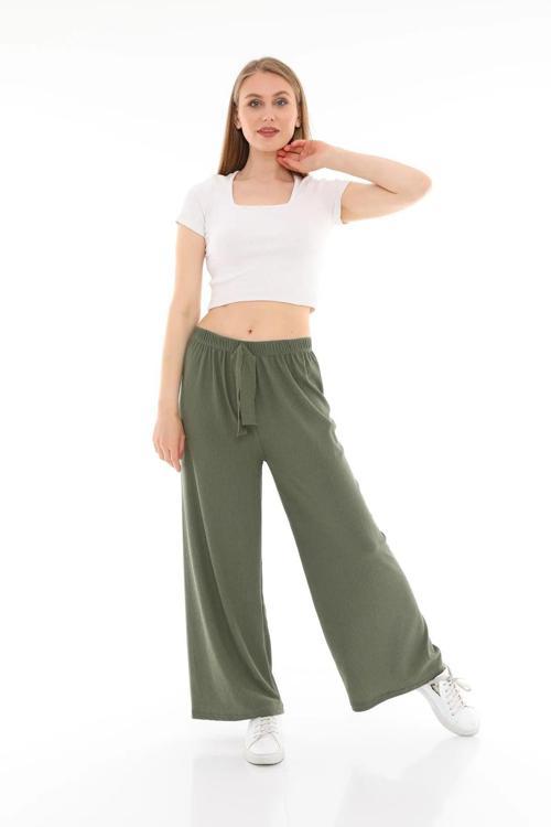 Kadın Gofre Kumaş Beli Lastikli Bol Paça Pantolon Oversize Yeşil