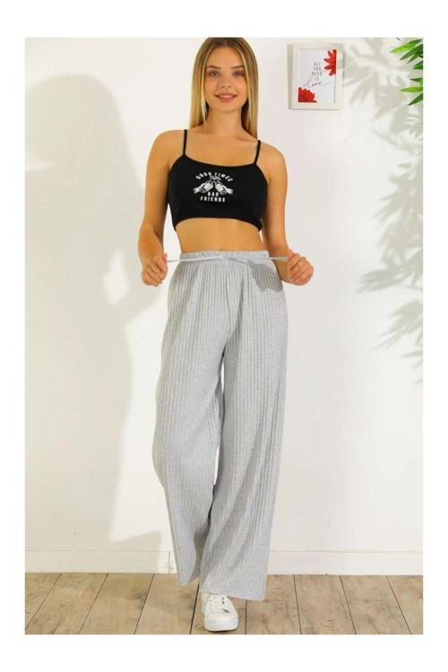 Kadın Kışlık Kalın Fitilli Kaşkorse Pijama Altı Eşofman Altı Cepsiz Gri