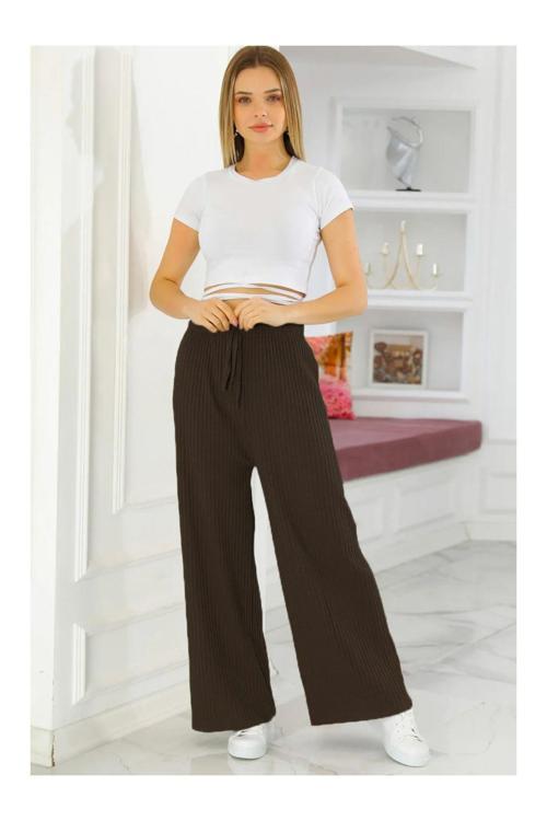 Kadın Kışlık Kalın Fitilli Kaşkorse Pijama Altı Eşofman Altı Cepsiz Kahverengi