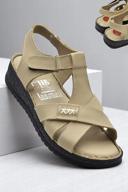 203 TAM ORTOPEDİK Hakiki Deri Kadın Sandalet Topuk Jel Taban Kadın Deri Sandalet