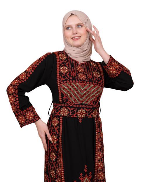Üçgen Geleneksel Kalın Çift Nakışlı Yırtmaçlı Yakalı Filistinli Kadın Elbise M-3xl C100009