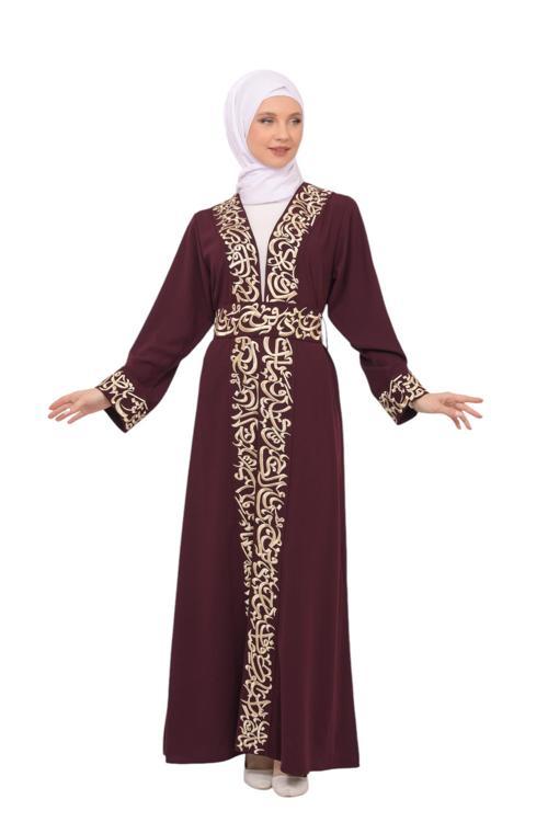 Uzun Kollu Oversize Kalıplı Geleneksel Kalın Arapça Harfları Nakışlı Kadın Geniş Abaya M-3xl C100032