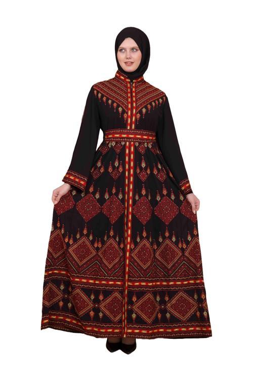Ajurlu Ispanyol Kollu Dik Yakalı Fermuarlı Nakışlı Geleneksel Kadın Elbise M-3xl C100021