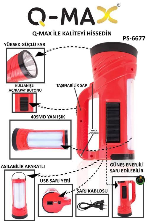 Uzun Menzilli Solar Panelli Powerbank Usb Çıkış Ultra Güçlü Ledli Şarjlı Feneri